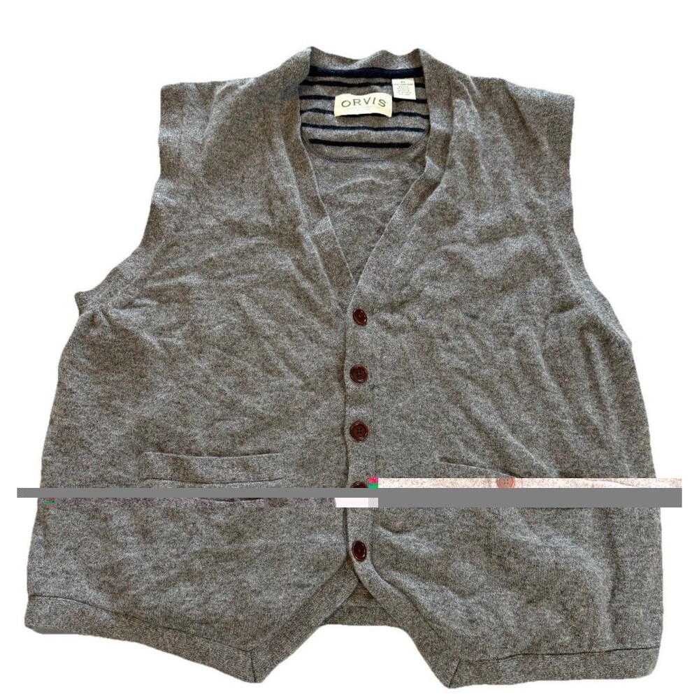 Orvis Mens XL Sweater Vest 100% Lambswool Grey Button Front Pockets Flawed